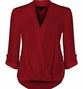 Dark Red Wrap Front Turn Up Sleeve Blouse 3305745