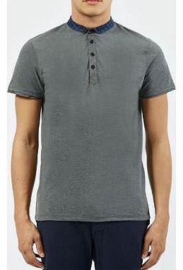 New Look Grey Contrast Check Grandad Collar T-Shirt 3171391