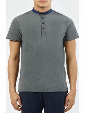 New Look Grey Contrast Check Grandad Collar T-Shirt 3171393