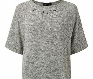 Grey Fine Knit Embellished 1/2 Sleeve T-Shirt