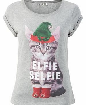 Grey Kitten Elfie Selfie Print Christmas T-Shirt