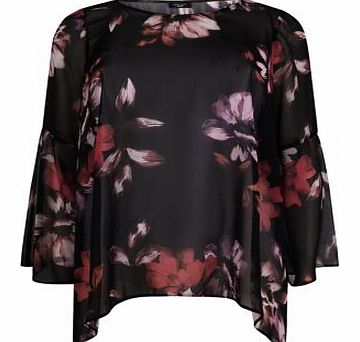 New Look Inspire Black Floral Print Flutter Sleeve Blouse