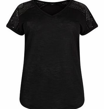 New Look Inspire Black V Neck Broderie Sleeve T-Shirt