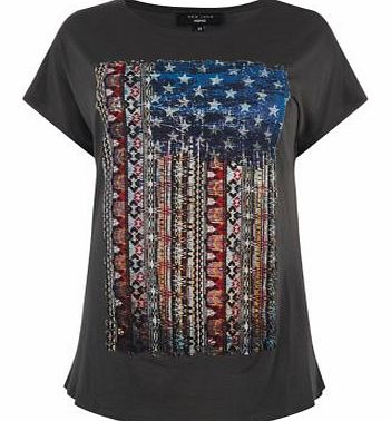 New Look Inspire Dark Grey Aztec USA Flag T-Shirt 3258300