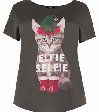 New Look Inspire Dark Grey Elfie Selfie Kitten T-Shirt