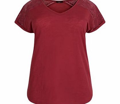 New Look Inspire Dark Red V Neck Broderie Sleeve T-Shirt