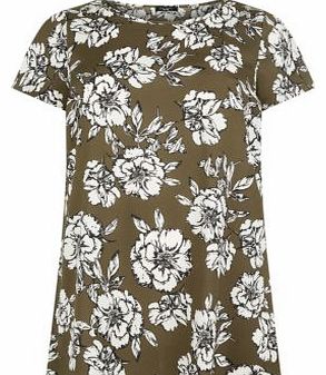 New Look Inspire Khaki Curved Hem Floral Print T-Shirt