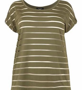 New Look Inspire Khaki Sheer Stripe T-Shirt 3270795