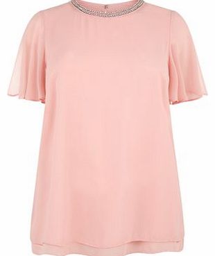 New Look Inspire Pink Embellished Neck Dip Hem T-Shirt