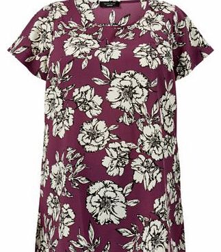 New Look Inspire Purple Curved Hem Floral Print T-Shirt