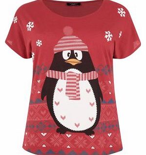 Inspire Red Fairisle Penguin Print T-Shirt 3242660