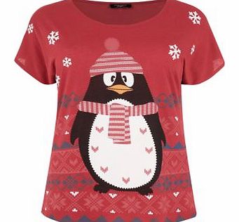 New Look Inspire Red Fairisle Penguin Print T-Shirt 3242661