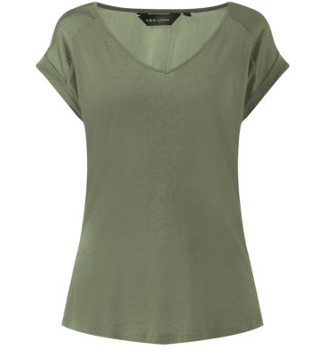 New Look Khaki Sateen Shoulder V Neck T-Shirt 3194284