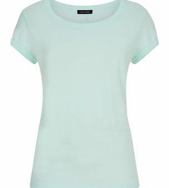 New Look Mint Green Roll Sleeve Plain T-Shirt 3314161