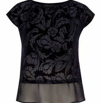 New Look Navy Floral Devore Chiffon Hem T-Shirt 3247144