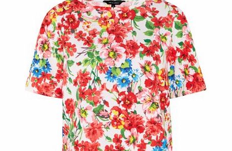Neon Red Floral Print Textured Boxy T-Shirt