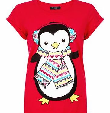 New Look Petite Red Penguin Christmas T-Shirt 3304482