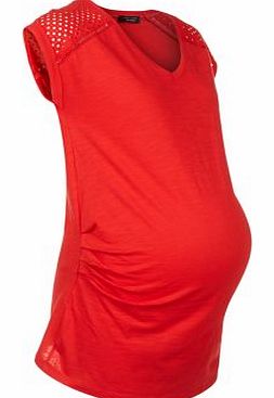 New Look Red Broderie Panel V Neck T-Shirt 3281448