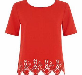 Red Crepe Laser Cut Out Hem T-Shirt 3303371