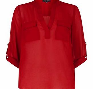 Red Pocket Front Chiffon Blouse 3287659