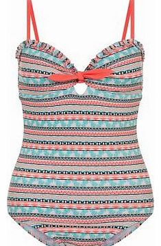 Teens Coral and Blue Aztec Print Swimsuit 3187039