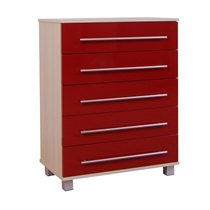 New York 5 Drawer Chest Oak Effect and Gloss Red