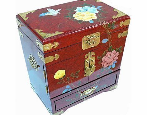 Newquay-Bonsai Red Lacquered Hand Painted Artistry Jewellery Box Oriental Furniture
