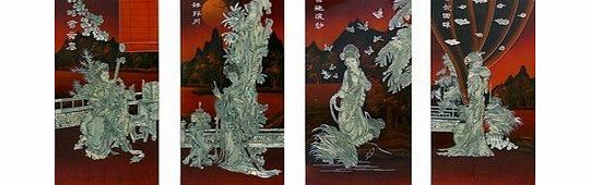 Newquay-Bonsai Set Of 4 Laquered Wooden Pictures Inlaid With Mother Of Pearl Oriental Furniture - Chinese Ladies.