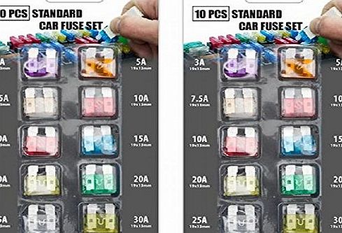 Nexus 05710 2x 10 Pieces Car Automotive Fuse Set Spare Standard Blades Fuses Kit Auto Assorted 3A 5A 7.5A 10A 15A 20A 25A 30A Amps