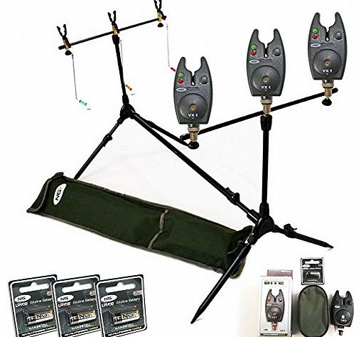NGT Carp Fishing Rod Pod With Swingers 3 Bite Alarms   Batteries