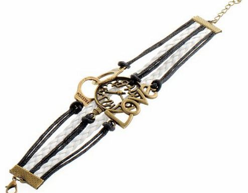 niceEshop (TM) Fashion 5 Strands Retro Love Clock Pendant Leather Rope Bracelet Knit Handcuffs-Black and White