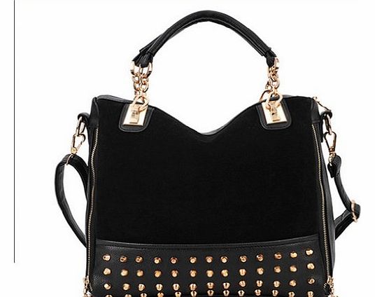 (TM) Fashion Women Hobo Top Double Handle Rivet Studded Handle Satchel Purses Medium Handbag-Black