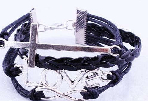 niceEshop (TM) Handmade Fashion Vintage Leather Rope Infinity Love Cross Bracelet-Black
