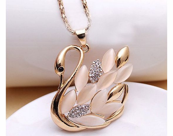 niceEshop (TM) Korea Fashion Women Grade Opal Crystal Swan Long Necklace Sweater Necklace-Gold