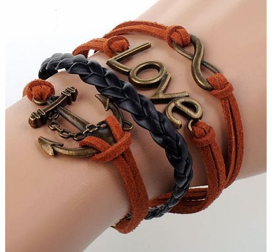 niceEshop (TM) Vintage Style 4 Strands Nautical Anchor And Love Letter Pendant Leather Rope Infinity Bracelet-