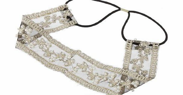 niceEshop (TM) Vintage Sweet Lace Flower Pearl Wide Elastic Headband Bridal Headpiece,Black