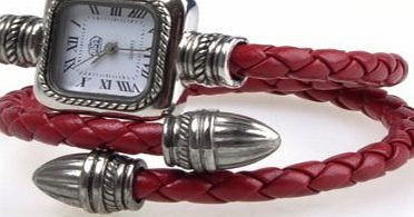 niceEshop TM) Stylish Elegant Faux Leather Rope Knitting Women Ladies Bracelet Watch-Redamp;Silver