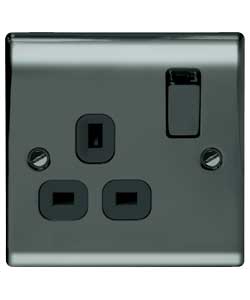 Nickel Single Switched Socket - Black
