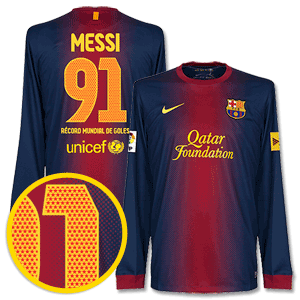 12-13 Barcelona Home L/S Messi 91 Record Mundial