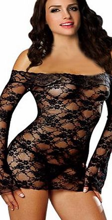 Juliets Kiss Elegant Ann Black fishnet lace long sleeve See Through Dress Teddy Summers Bedroom Lingerie One Size fits UK 6-12 Includes matching Thong