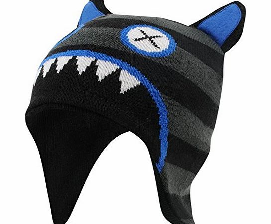 No Fear Kids Monster Hat Boys Children Beanie Winter Warm Cap Ears Covers Flaps Black/Blue Junior
