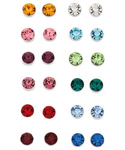 no Sterling Silver Crystal Stud Earrings - 12 Pairs