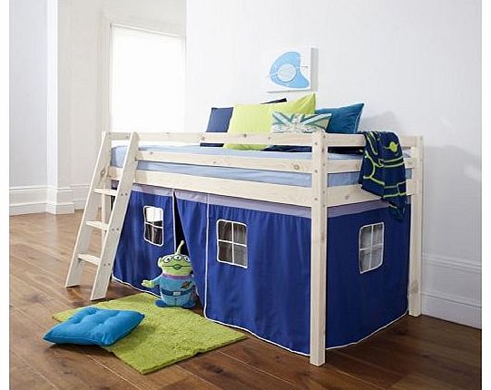 Noa and Nani Cabin Bed Mid Sleeper Bunk with Tent Blue in Whitewash 5758WW-BLUE