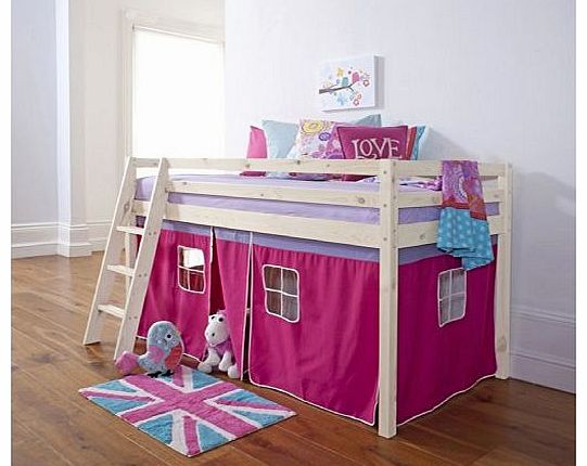 Noa and Nani Cabin Bed Mid Sleeper Bunk with Tent Pink in Whitewash 5758WW-PINK