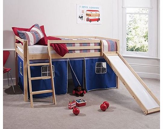 Cabin Bed Pine Mid Sleeper Bunk with Slide Blue Tent 65PINE