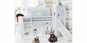 Cabin Bed White Mid Sleeper Bunk with Slide, Tower amp; Pirate Pete Tent