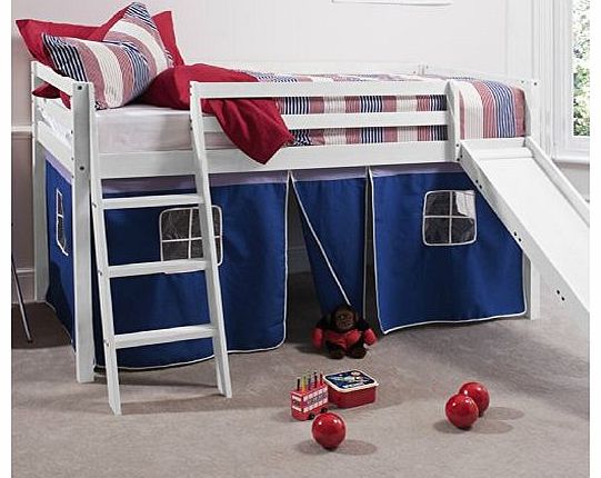 Noa and Nani Cabin Bed Whitewash Mid Sleeper Bunk with Slide Blue Tent 6005