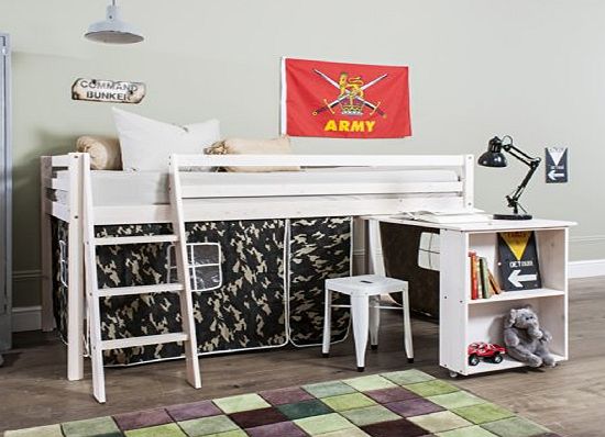 Noa and Nani Cabin Bed with Desk in Army Design , WHITEWASH Bed with Tent