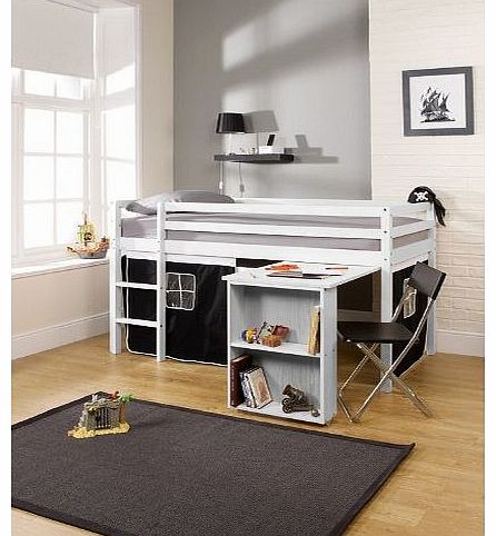 Noa and Nani Cabin Bed with Desk in White with Pirate Design , Mid Sleeper Bed with Tent WHITE
