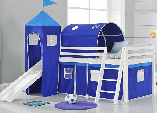 Mid Sleeper Bunk Bed WHITE Pine Cabin bed with Slide + BLUE Design + Tunnel 6970WG-BLUE